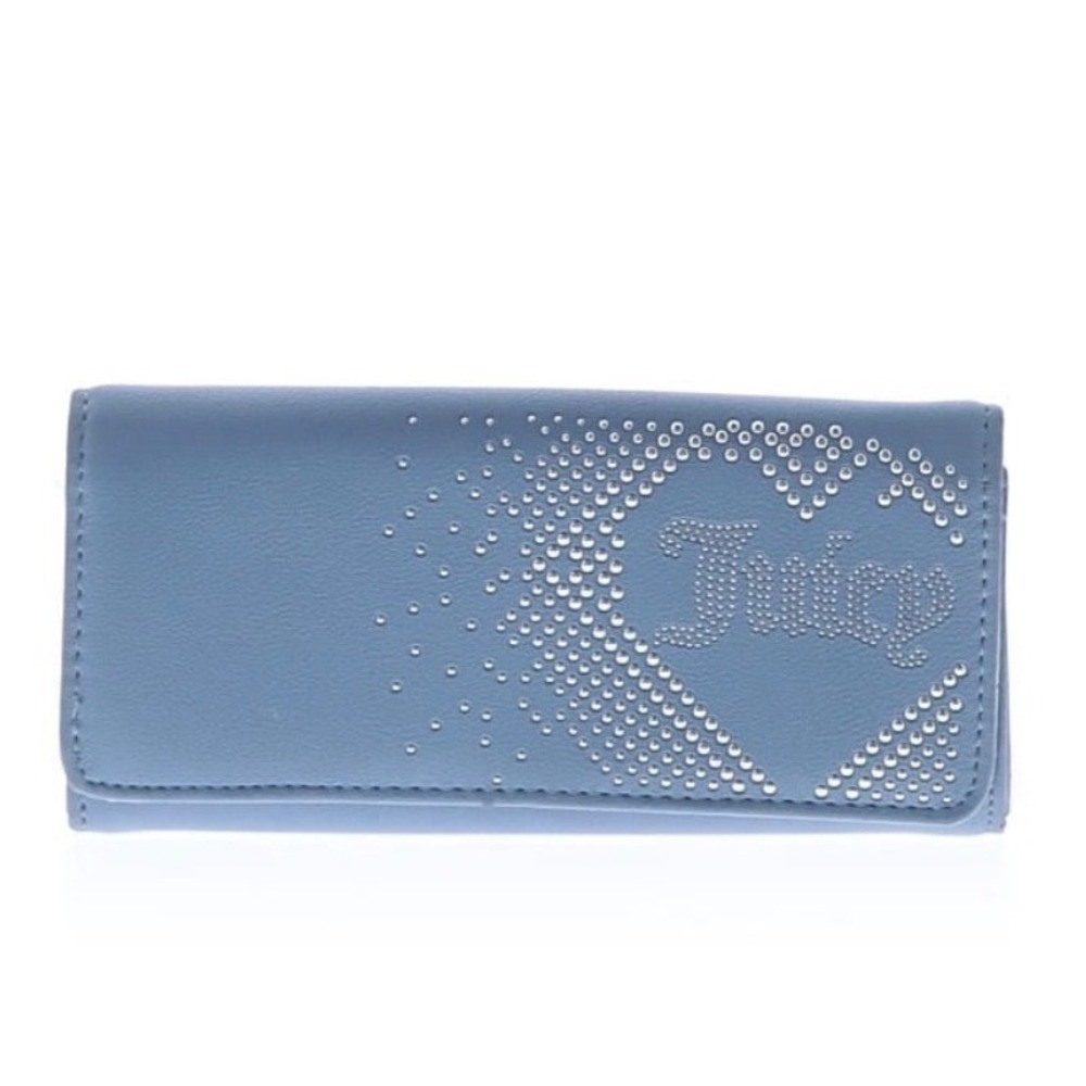 Juicy Couture Blue Studded Heart Flap Wallet‎ Silver Studs Faux Leather Y2K